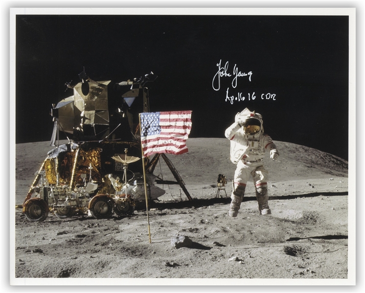 John Young Signed Photo of Him Standing on the Moon -- With Steve Zarelli COA